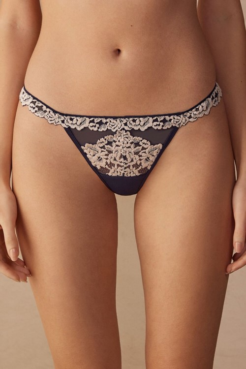 Blue - 347i - Deep Blue / Vanilla Intimissimi Pretty Flowers String Thong | ZNIK-97435