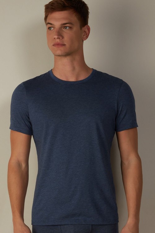 Blue - 5210 - Denim Blue Blend Intimissimi Short Sleeve Crew Neck T Shirt in Supima® Cotton | FGAD-40637