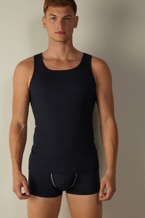 Blue - 800 - Midnight Blue Intimissimi Ribbed Supima Cotton Tank Top | HTMP-96487