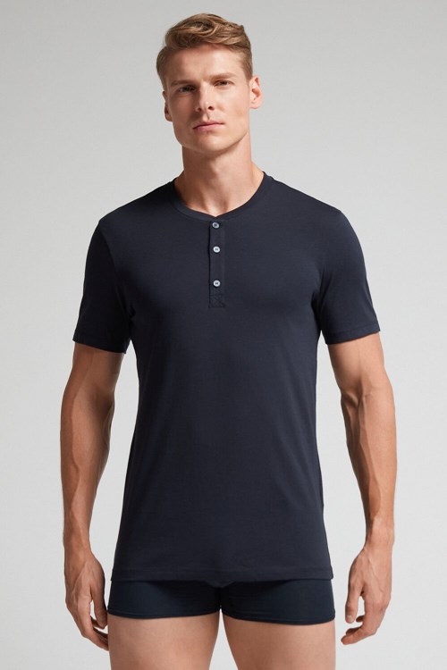 Blue - 800 - Midnight Blue Intimissimi Short-Sleeved Supima® Cotton Shirt | FJHL-50673