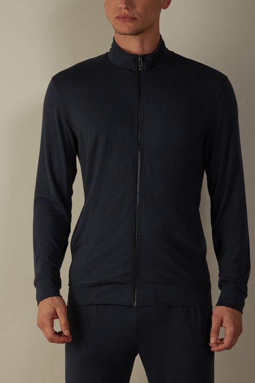 Blue - 800 - Midnight Blue Intimissimi Silk and Modal Zip-Up Sweatshirt | OAID-42308