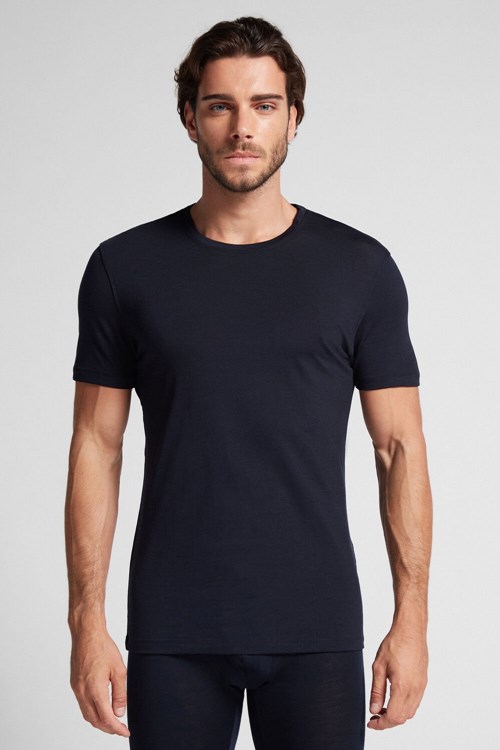 Blue - 800 - Midnight Blue Intimissimi Stretch Merino Wool Short-Sleeve T-Shirt | ZMIL-92680