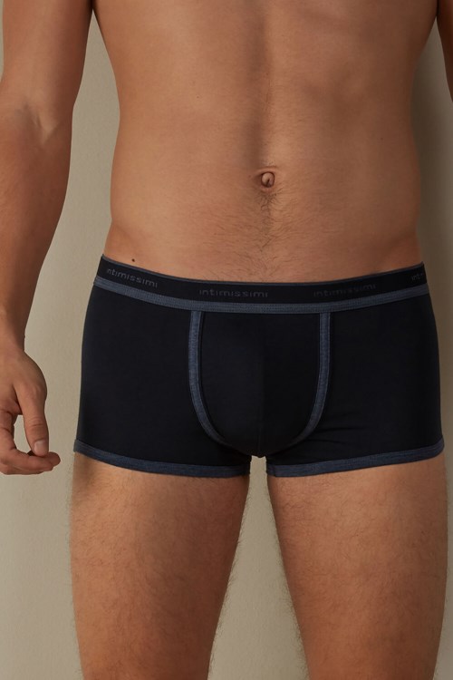 Blue - 844i - Midnight Blue / Heathered Denim Blue Intimissimi Stretch Supima® Cotton Boxer Shorts with Logo Detail | KCGQ-08947