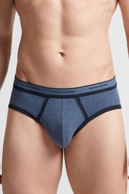 Blue - 845i - Heathered Denim Blue / Midnight Blue Intimissimi Stretch Supima® Cotton Brief with Logo Detail | JNOB-01958