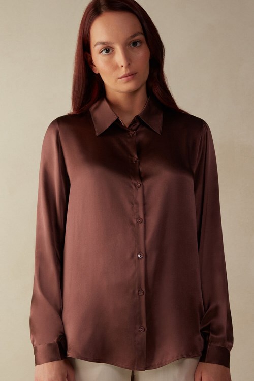 Brown - 002j - Nutmeg Brown Intimissimi Long Sleeve Silk Shirt | ZHFC-45873