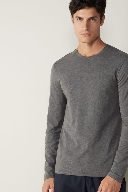 Dark Grey - 5227 - Heathered Graphite Grey Intimissimi Long-Sleeve Supima® Cotton Top | BUIK-29854