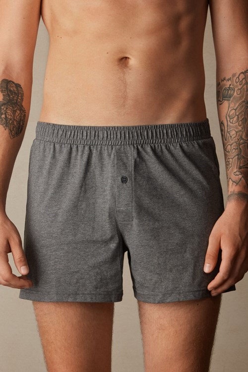 Dark Grey - 5227 - Heathered Graphite Grey Intimissimi Solid Color Cotton Jersey Relaxed Fit Boxers | OLCX-95726