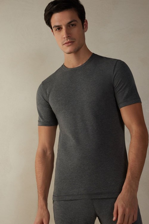 Dark Grey - 5227 - Heathered Graphite Grey Intimissimi Short-Sleeve Modal-Cashmere Top | YNQZ-98361