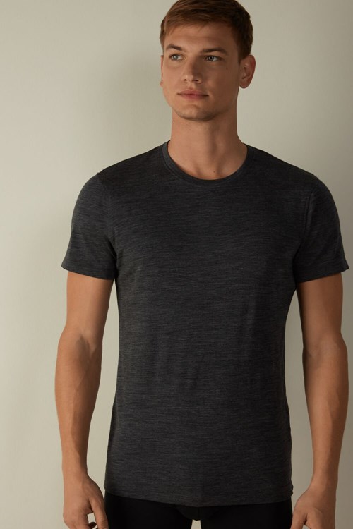 Dark Grey - 7522 - Charcoal Grey Blend Intimissimi Stretch Merino Wool Short-Sleeve T-Shirt | DKFG-34795