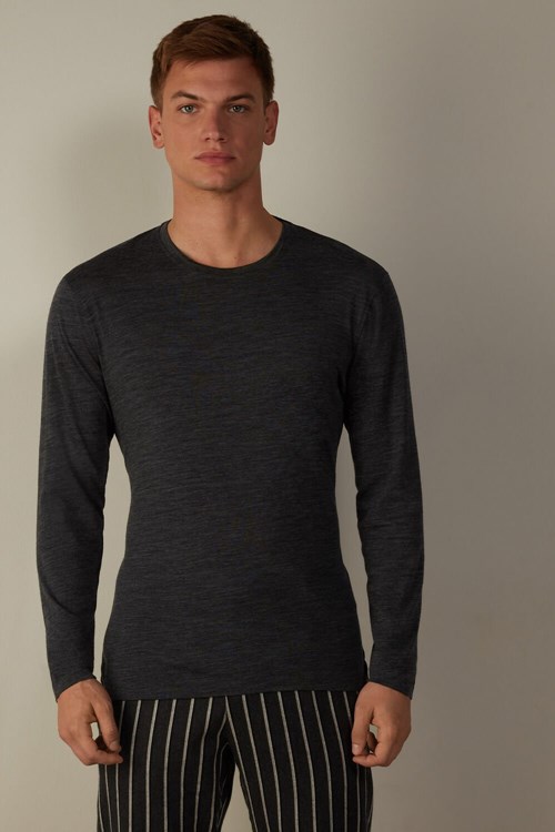 Dark Grey - 7522 - Charcoal Grey Blend Intimissimi Long-sleeve Crew-Neck Merino-Wool Top | IYCQ-35902