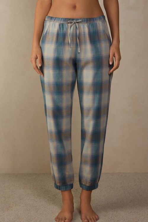 Green - 148j - Evergreen / Blue Nile Check Print Intimissimi Cozy Mountains Brushed Cloth Pants with Cuffs | SFGN-93621