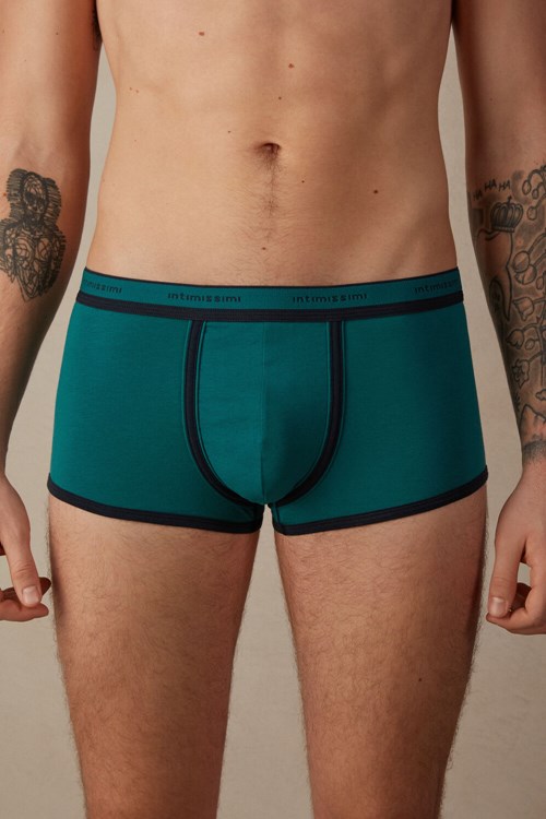 Green - 203j - Teal Green / Midnight Blue Intimissimi Stretch Supima® Cotton Boxer Shorts with Logo Detail | UOBS-54710