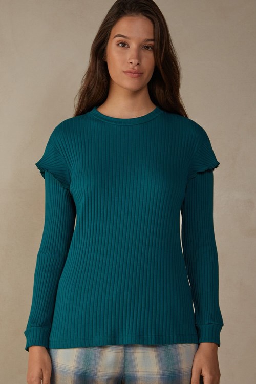 Green - 4572 - Evergreen Intimissimi Cozy Mountains Long Sleeve Ribbed Top | HOWF-75983