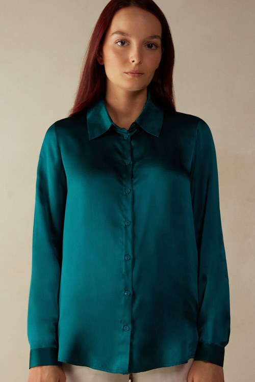 Green - 4572 - Evergreen Intimissimi Long Sleeve Silk Shirt | EJPR-24697