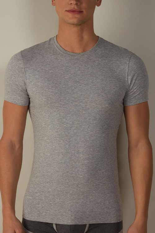 Grey - 031 - Light Heathered Grey Intimissimi T-shirt in Stretch Supima® Cotton | DZKI-48317