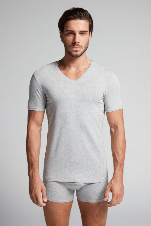 Grey - 031 - Light Heathered Grey Intimissimi V-neck T-shirt in Stretch Supima® Cotton | GUNV-78341