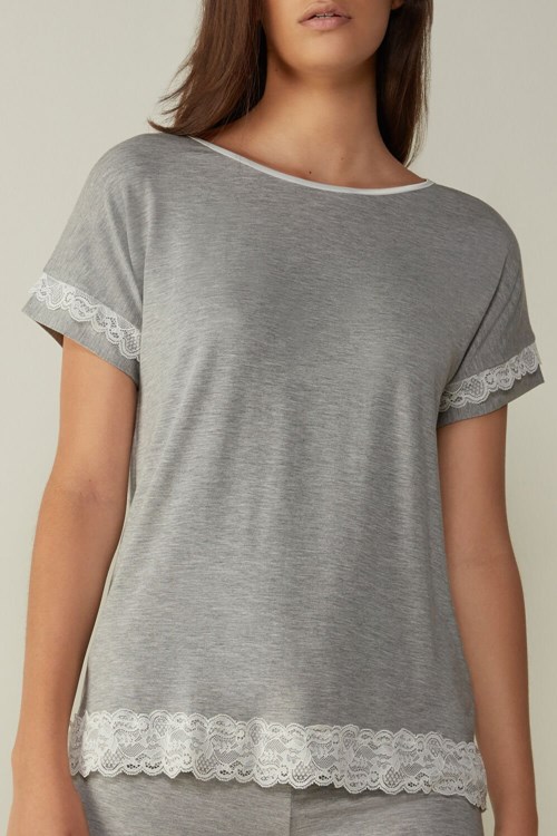 Grey - 031 - Light Heathered Grey Intimissimi Short-Sleeve Modal Top with Lace Detail | KXFS-87502