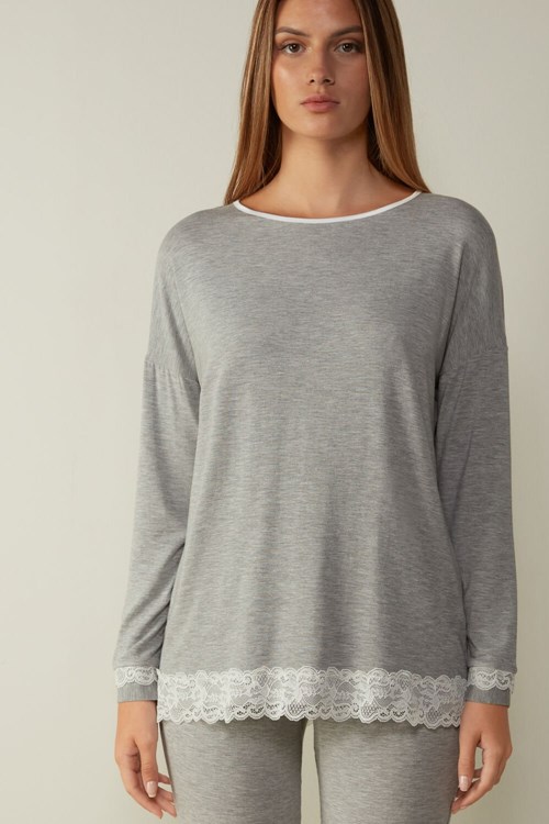 Grey - 031 - Light Heathered Grey Intimissimi Long-Sleeve Round-Neck Modal Top | MUZD-89051