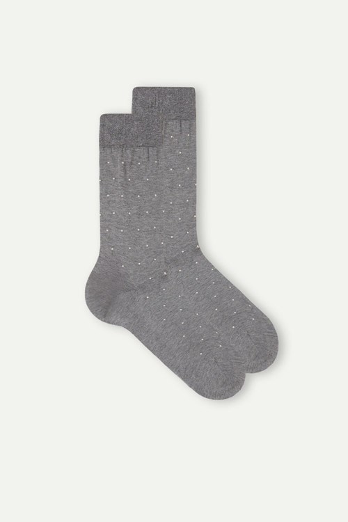 Grey - 063j - Graphite Grey Heather Dot Print Intimissimi Men’s Short Socks in Patterned Lisle Cotton | QIVC-14593