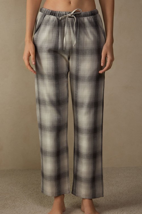 Grey - 149j - Grey / Creamy White Check Print Intimissimi Warm Cuddles Pants in Brushed Cloth | UHXP-23698