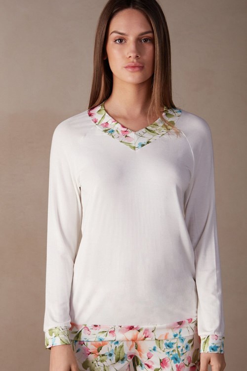 Ivory - 2127 - Talc White Intimissimi Botanical Lyrics Long Sleeve Modal Top | WZGB-40583