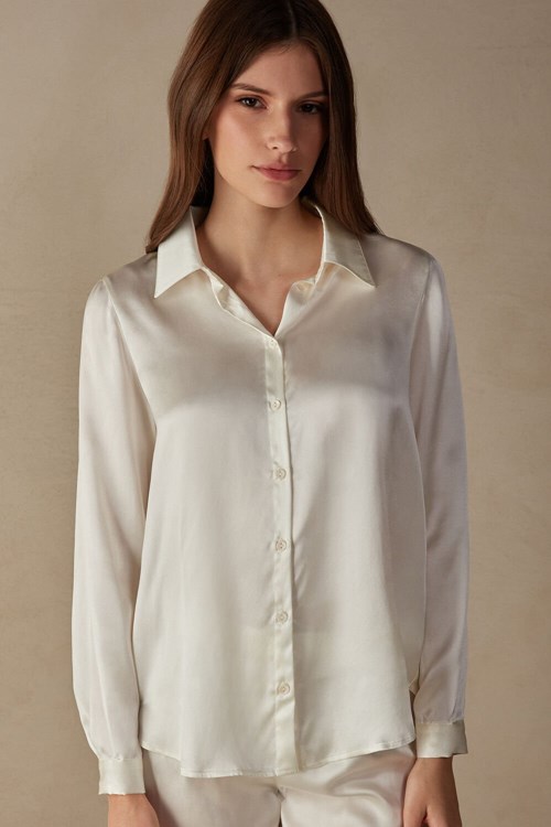 Ivory - 2127 - Talc White Intimissimi Long Sleeve Silk Shirt | VDKL-37694