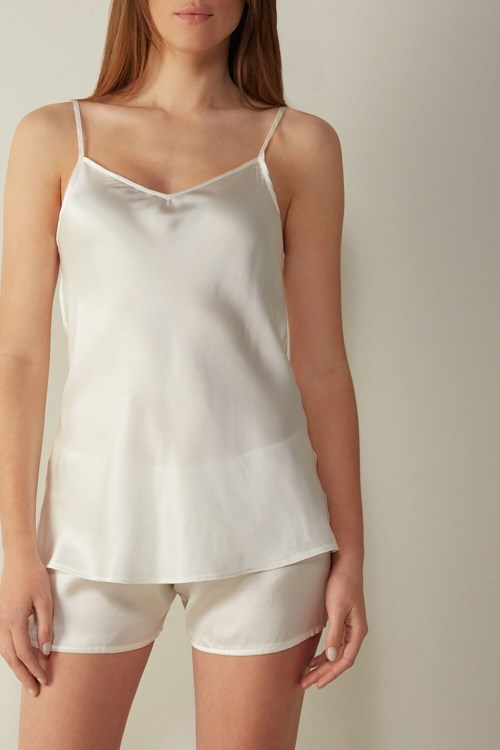 Ivory - 2127 - Talc White Intimissimi Silk Satin Top with V-neckline | PEMT-51386