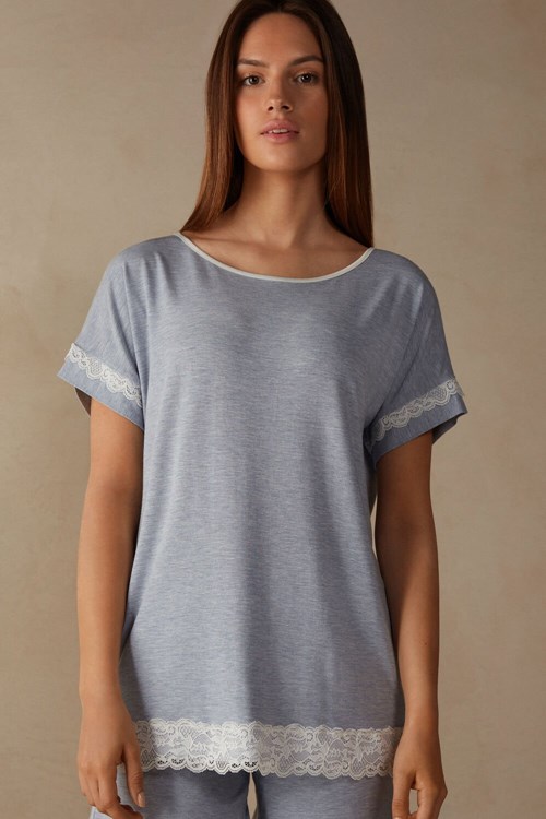 Light Blue - 009j - Heathered Light Blue Intimissimi Short-Sleeve Modal Top with Lace Detail | IVWO-50436