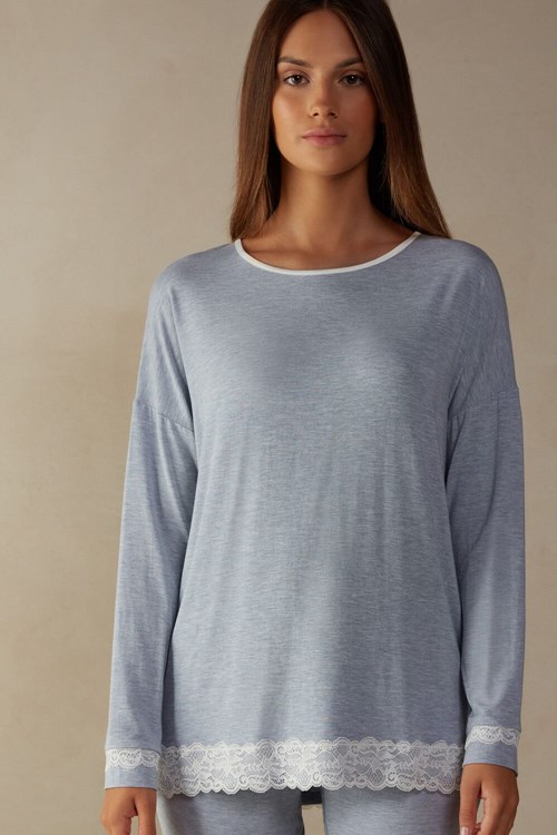 Light Blue - 009j - Heathered Light Blue Intimissimi Long-Sleeve Round-Neck Modal Top | ZHNQ-72469