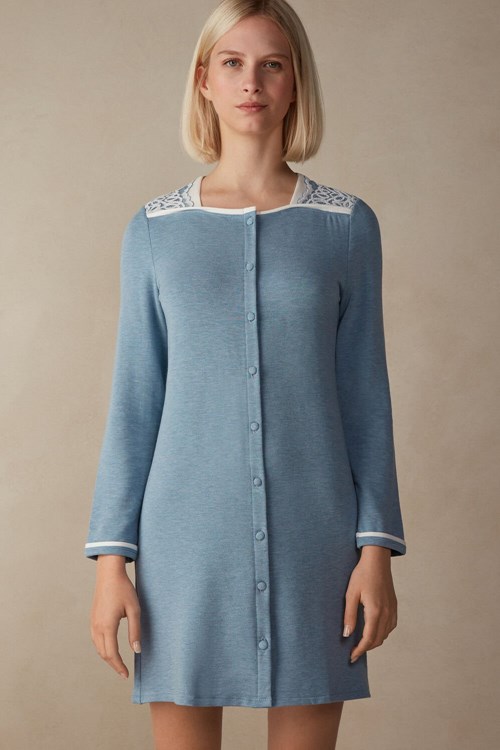 Light Blue - 145j - Light Blue Heather / Powder Intimissimi Romantic Bedroom Button Up Night Shirt in Modal with Wool | DVTB-38609