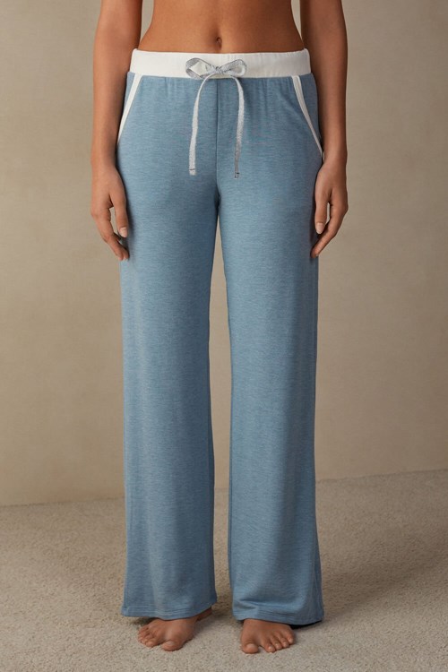 Light Blue - 145j - Light Blue Heather / Powder Intimissimi Romantic Bedroom Contrast Trim Full Length Pants in Modal with Wool | RISM-27639