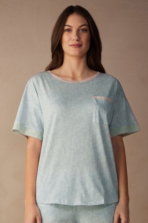 Light Blue - 226j - Romantic Cashmere Print Intimissimi Romantic Cashmere Short Sleeve Cotton Top | ZGCA-23786