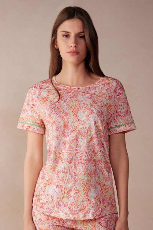 Multicolor - 240j - Summer Cashmere Print Intimissimi Summer Journey Ultrafresh Supima® Cotton Short Sleeve Top | VEPA-93072