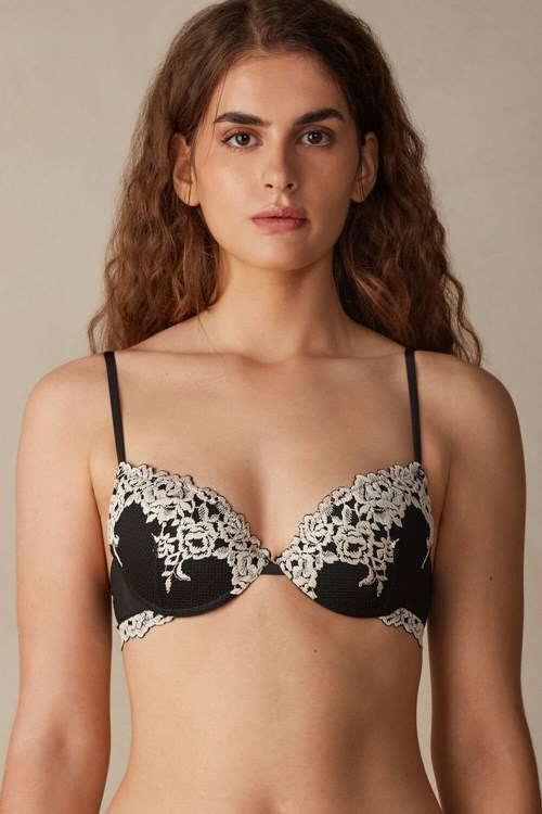 Multicolor - 9887 - Black / Ivory Intimissimi Pretty Flowers Bellissima Push-up Bra | KTIF-16804