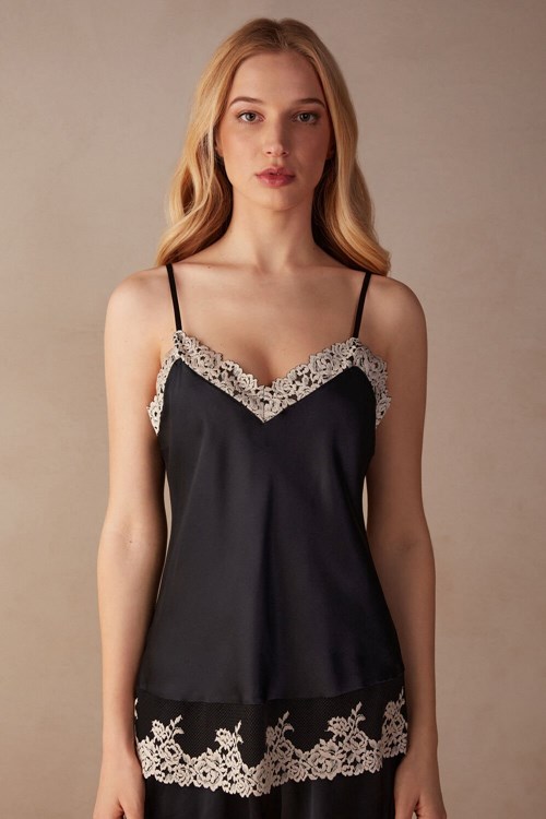 Multicolor - 9887 - Black / Ivory Intimissimi Pretty Flowers Thin Strap Silk Tank Top | SJPE-36594