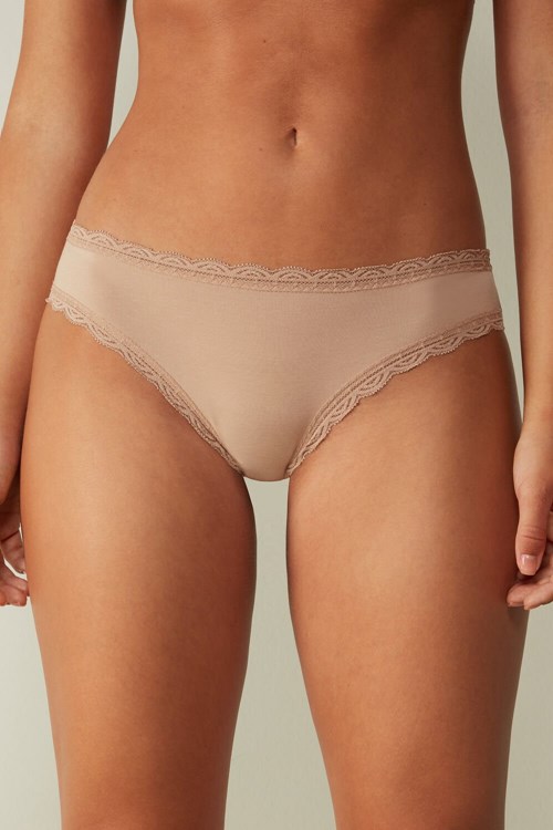 Natural - 044 - Soft Beige Intimissimi Cotton and Lace Panties | GRXW-54382