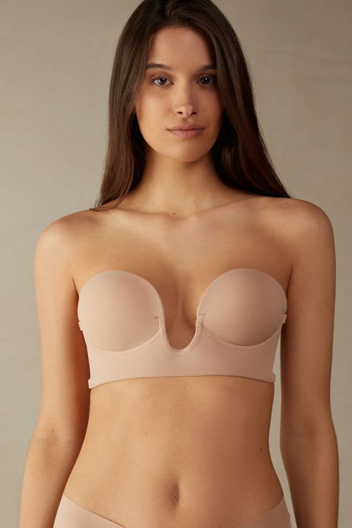 Natural - 044 - Soft Beige Intimissimi Stick-On Bandeau Plunge Bra with Graduated Cups | SKOR-93571