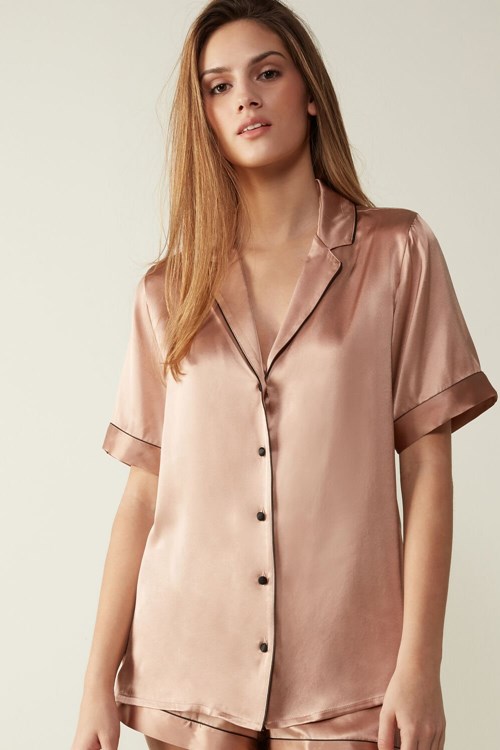 Natural - 163i - Satin Pink Intimissimi Short Sleeve Silk Shirt with Contrast Trim | NSOU-94356