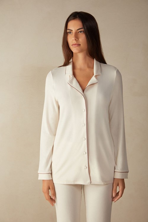 Natural - 612i - Vanilla Ivory Intimissimi Long-Sleeve Micromodal Pajama Top | TSPF-85314