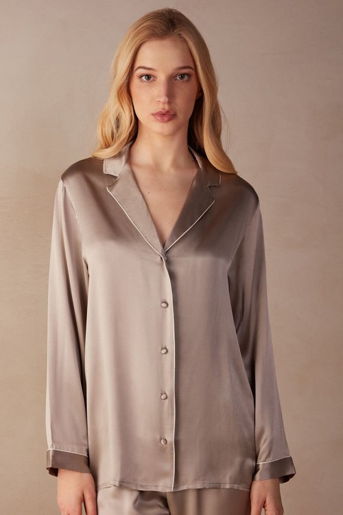 Natural - 651i - Powder Beige Intimissimi Mannish-Cut Jacket in Silk Satin | BREC-10642