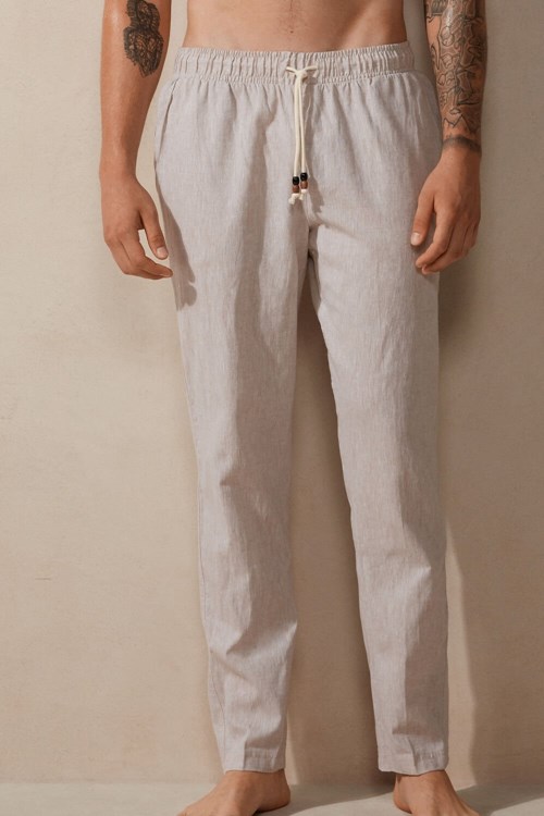 Natural - 917i - Linen White Intimissimi Linen and Cotton Full Length Pants | QIGU-26389