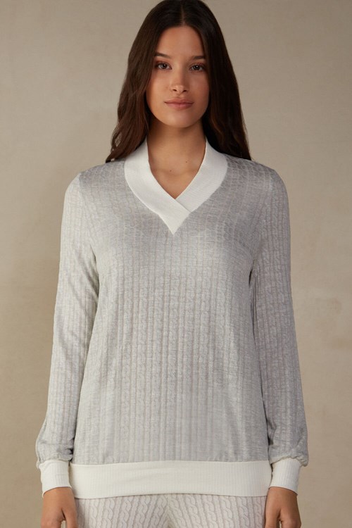 Pale Grey - 154j - Grey Heather / Powder White Intimissimi Timeless Heritage V-Neck Top | IGJR-59731