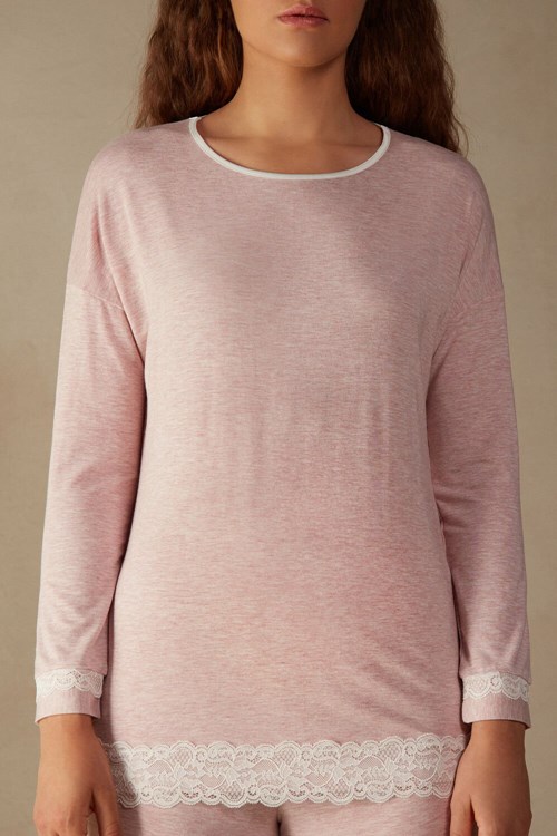 Pale Pink - 008j - Heathered Light Pink Intimissimi Long-Sleeve Round-Neck Modal Top | EZJL-73216