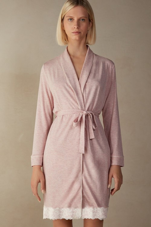 Pale Pink - 008j - Heathered Light Pink Intimissimi Modal Lace Detail Robe | UNWY-84930