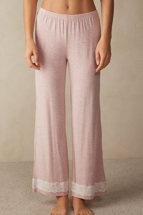 Pale Pink - 008j - Heathered Light Pink Intimissimi Lace Trim Full Length Pants in Modal | ZIPL-13845