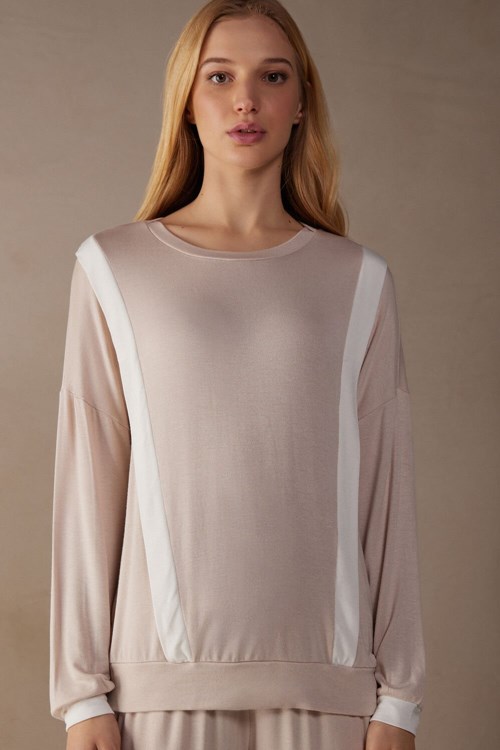 Pale Pink - 227j - Silk Pink / Talc White Intimissimi Simple Elegance Long Sleeve Top in Modal | JSVQ-05241