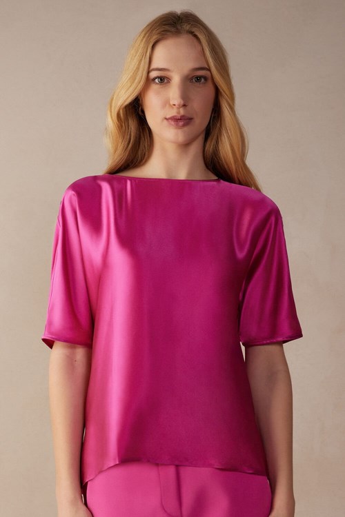 Pink - 206j - Valentine Pink Intimissimi Short Sleeve Silk and Modal Top | ZMNS-52136