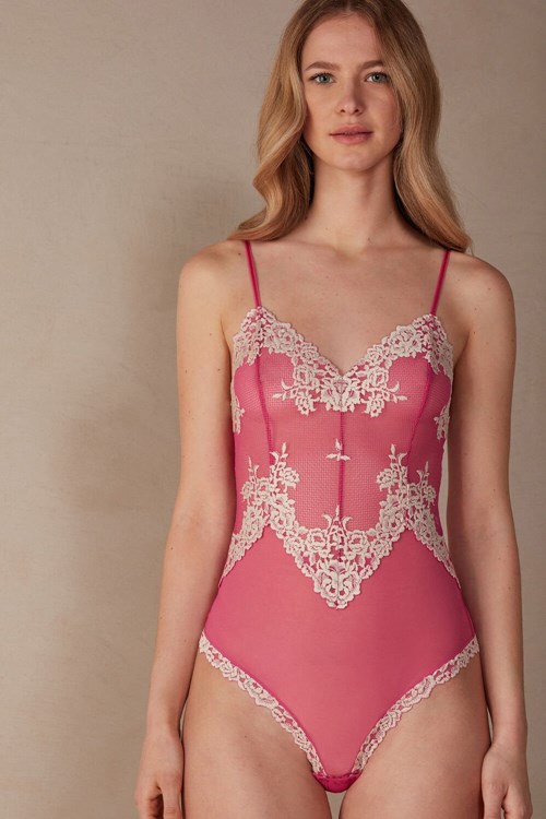 Pink - 213j - Valentine Pink / Ivory Intimissimi Pretty Flowers Tulle and Lace Bodysuit | KQGI-90746