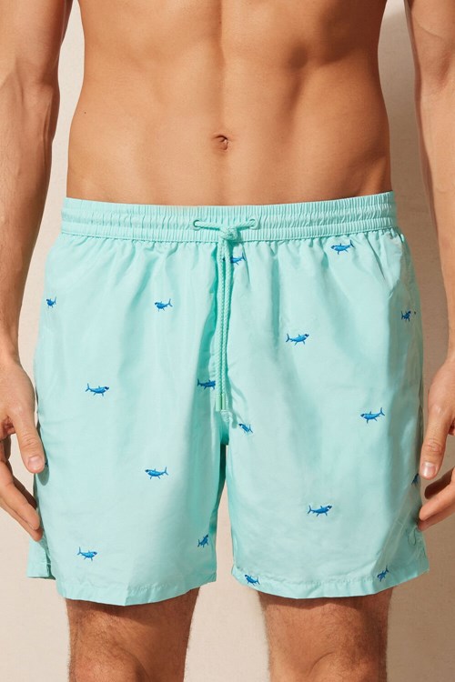 Print - 256j - Aqua Green Shark Embroidery Intimissimi Embroidered Shark Swim Trunks | RUKC-86170