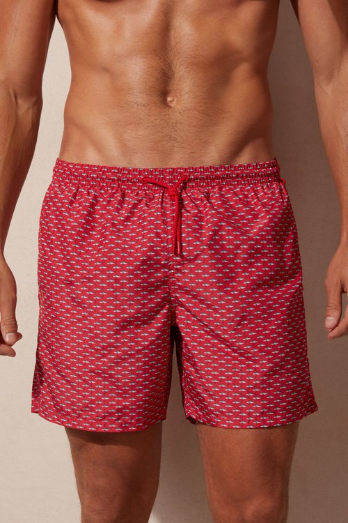 Print - 268j - Red Shark Microprint Intimissimi Micro Shark Print Swim Trunks | NTYR-48063